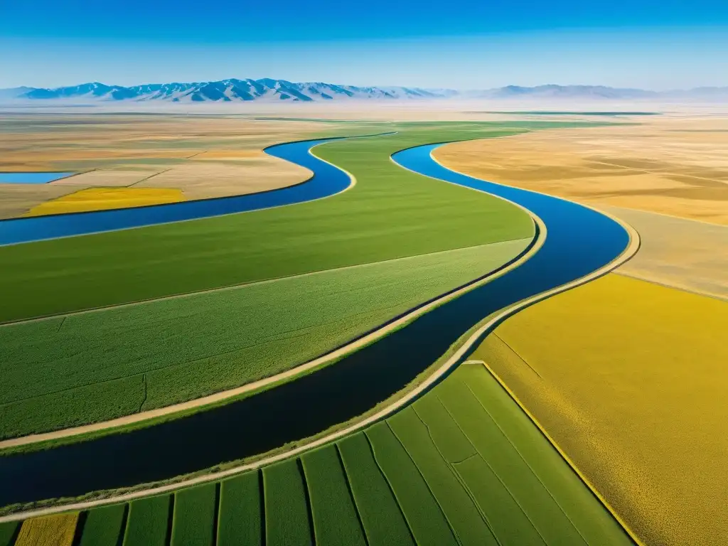 Vista impresionante de la estepa mongola y su manejo del suelo en terrazas, con agricultores trabajando en los campos