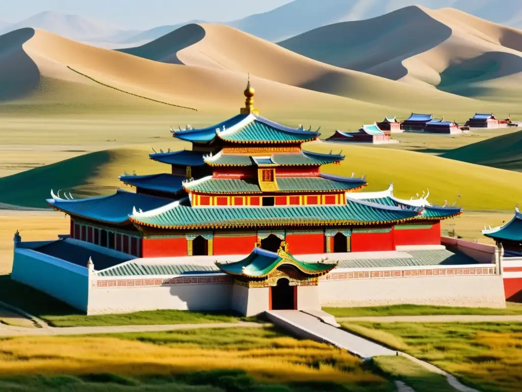 Vista impresionante del Monasterio de Erdene Zuu en Mongolia, reflejando el Arte mongol: historia y legado