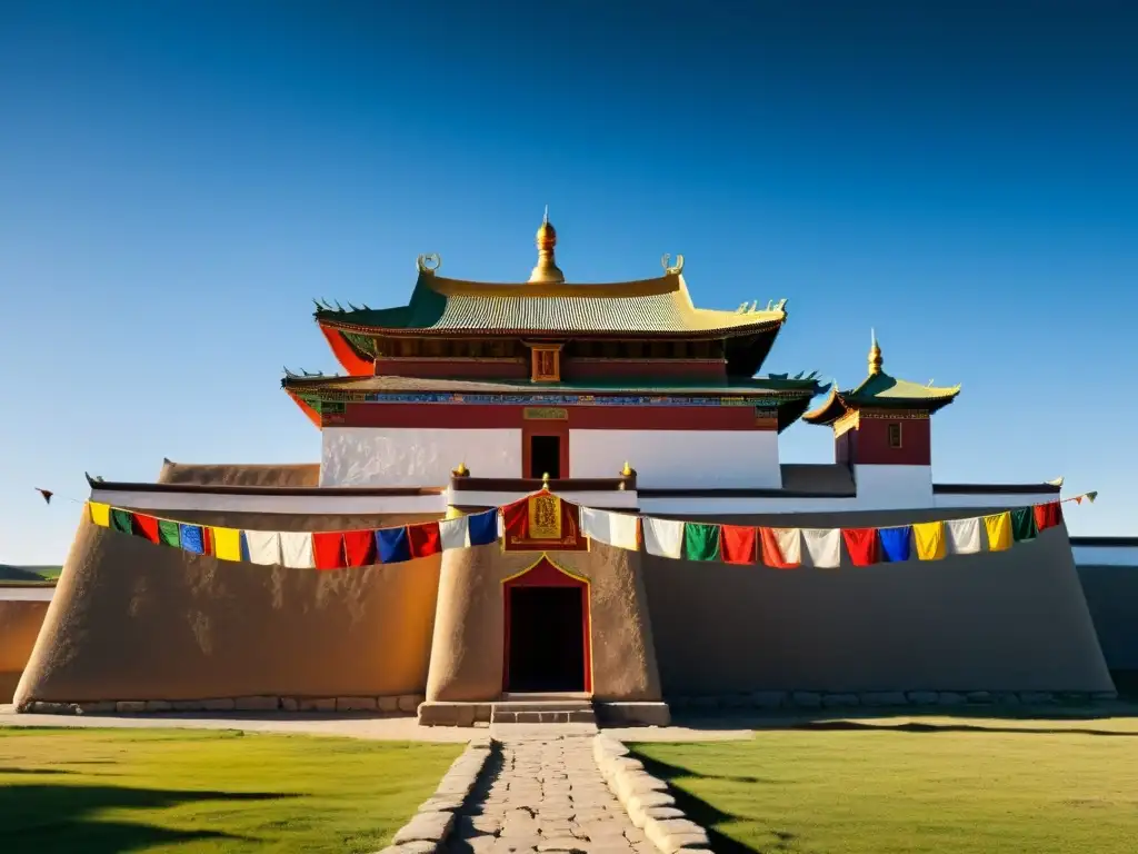 Vista impresionante de la Monasterio Erdene Zuu en Mongolia, destacando la arquitectura y la espiritualidad religiosa en el arte mongol