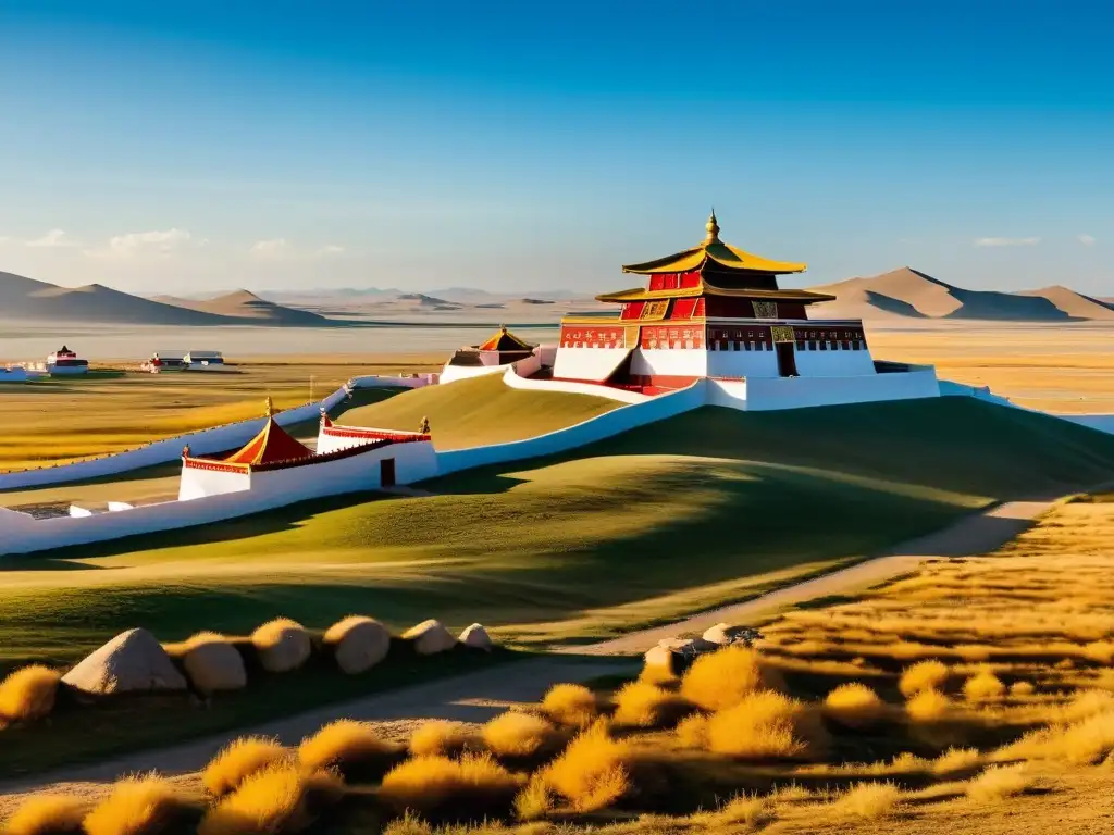 Vista impresionante del monasterio Erdene Zuu en Mongolia, mostrando detalles arquitectónicos con monjes y banderas de oración