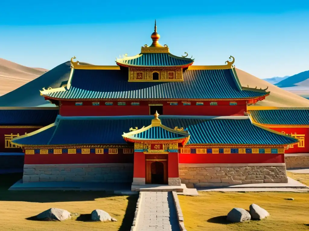 Vista impresionante del Monasterio Erdene Zuu en Mongolia, con detalles arquitectónicos, colores vibrantes, paisaje sereno y rituales religiosos