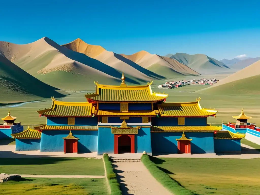 Vista impresionante del Monasterio de Erdene Zuu en Mongolia, con monjes rezando y una atmósfera serena