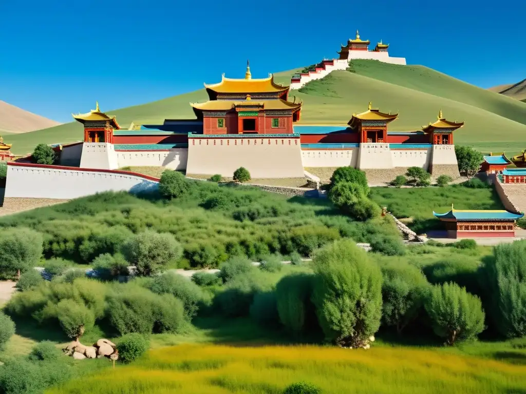 Vista impresionante del Monasterio Erdene Zuu, Monumentos estelares cultura Imperio Mongol, con detalles arquitectónicos y paisaje vibrante