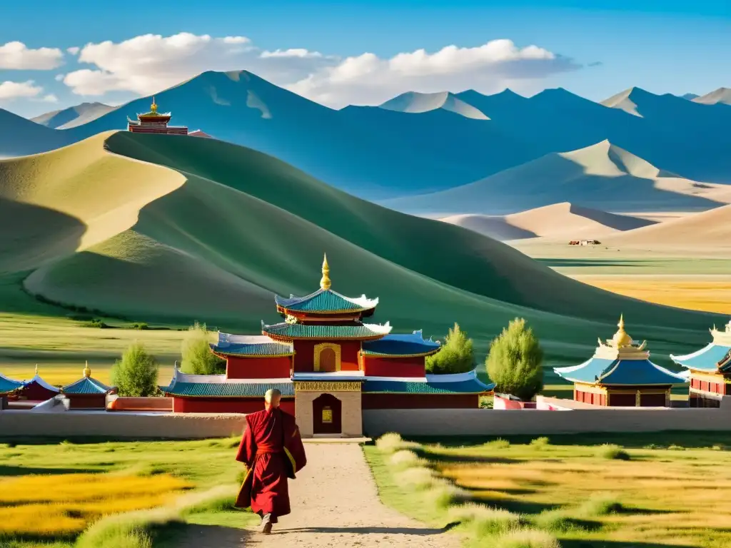 Vista impresionante del Monasterio Erdene Zuu, reflejando el sincretismo religioso en territorios mongoles, con monjes y paisaje sereno