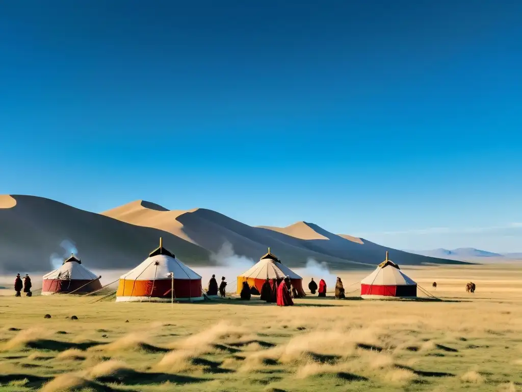 Vista impresionante de la poesía nómada en el Imperio Mongol bajo el cielo azul brillante y las yurtas en la vasta estepa