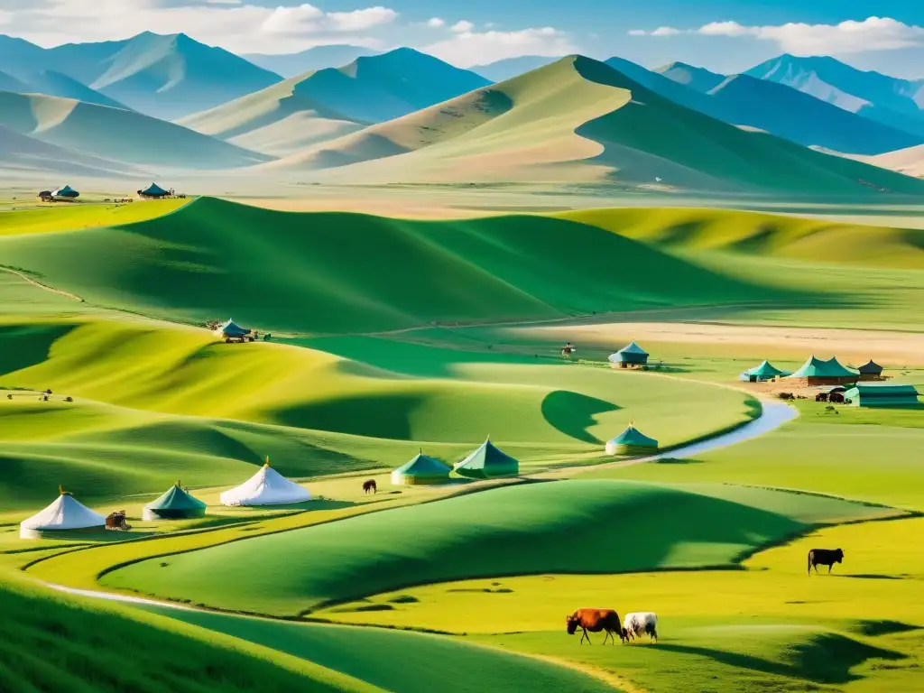 Vista impresionante de paisaje mongol con yurtas, agricultores y técnicas innovadoras