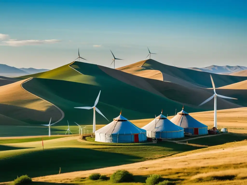 Vista impresionante del paisaje mongol con yurtas tradicionales y turbinas eólicas, simbolizando la energía renovable en el Imperio Mongol