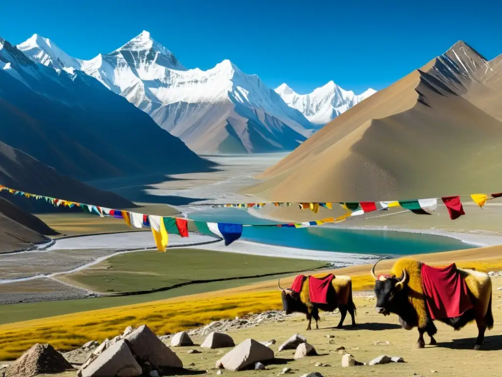 Vista impresionante del paisaje del Tíbet con montañas nevadas, banderas de oración y una remota administración Tíbet Imperio Mongol