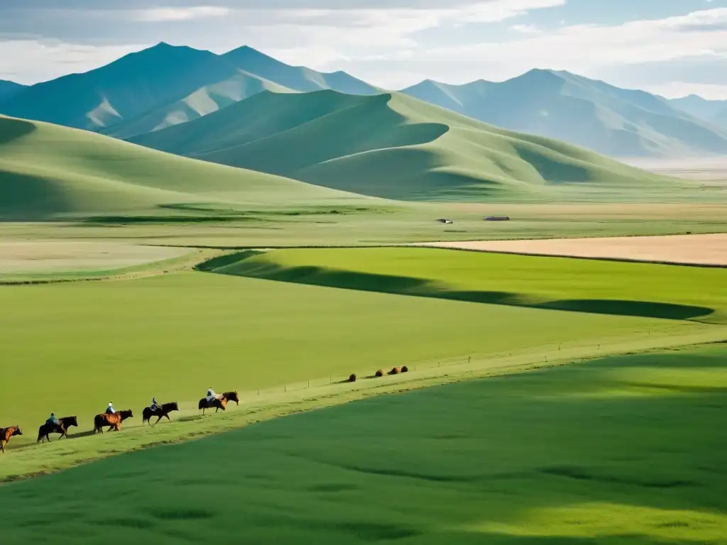 Vista impresionante de las prácticas agrícolas del Imperio Mongol, con agricultores trabajando en armonía con la tierra y la naturaleza