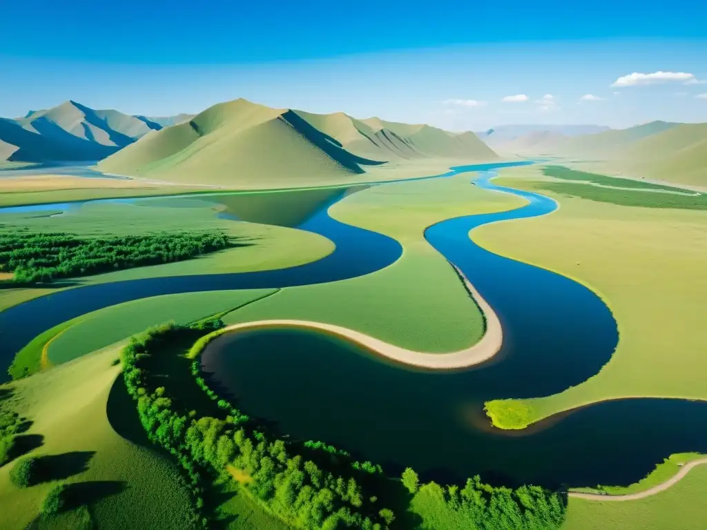 Vista impresionante del río Orkhon serpenteando a través del exuberante paisaje mongol, con yurtas nómadas en la distancia