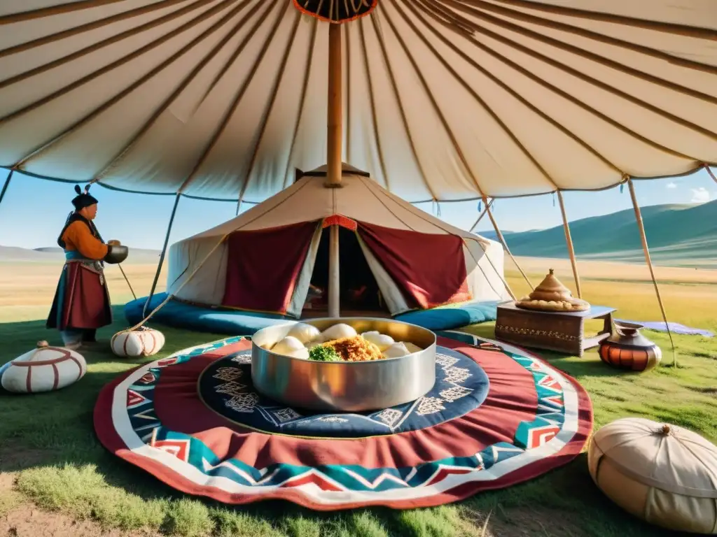 Vista impresionante de una yurta mongola rodeada de pastizales, con una familia reunida alrededor de una mesa llena de alimentos tradicionales