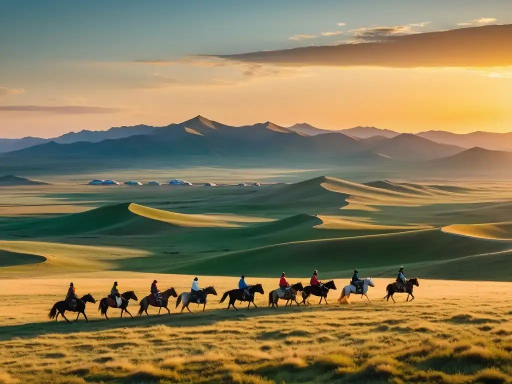 Paisaje épico de la estepa mongola al atardecer Vista impresionante de la estepa mongola con gers tradicionales y jinetes a caballo, reflejando el legado de Tolui Khan y la cultura mongol