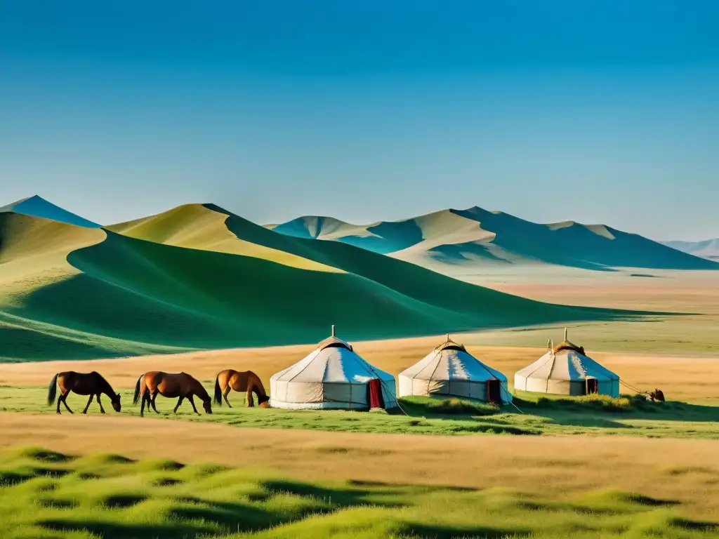 Vista impresionante del vasto paisaje de la estepa mongol, con yurta nómada y caballos pastando