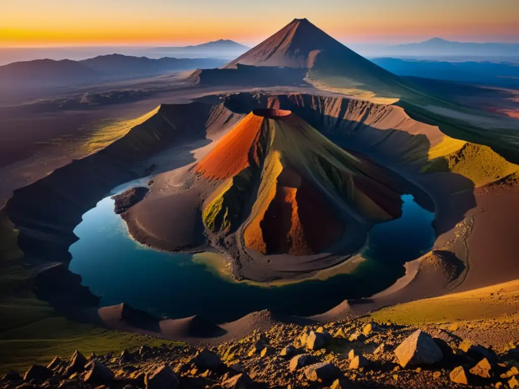 Vista impresionante del volcán extinto Khorgo Mongol al atardecer, con turistas explorando el terreno volcánico