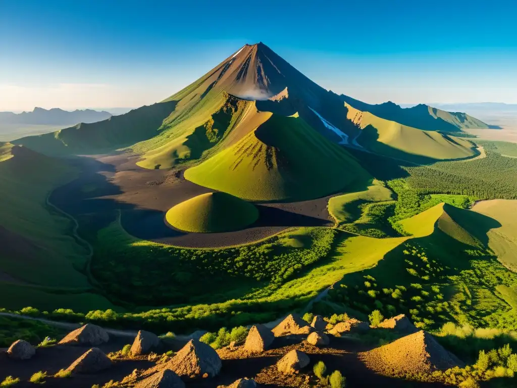 Vista impresionante del volcán extinto Khorgo Mongol, con su majestuoso paisaje y nomadas locales, bajo el cielo azul