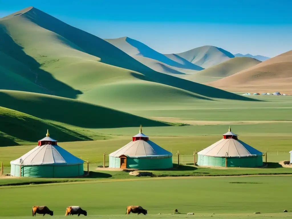 Vista impresionante de la estepa mongol con yurtas tradicionales y granjas de energía renovable, mostrando la fusión de lo antiguo y moderno