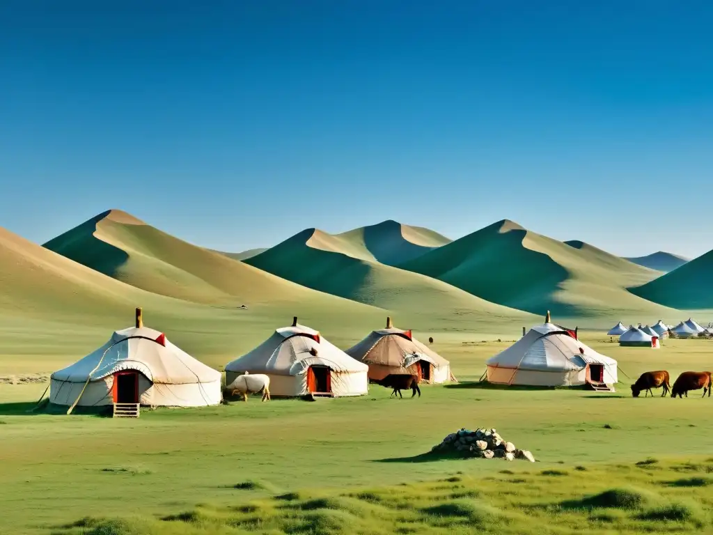 Vista impresionante de la estepa mongol, con yurtas tradicionales y pastoreo