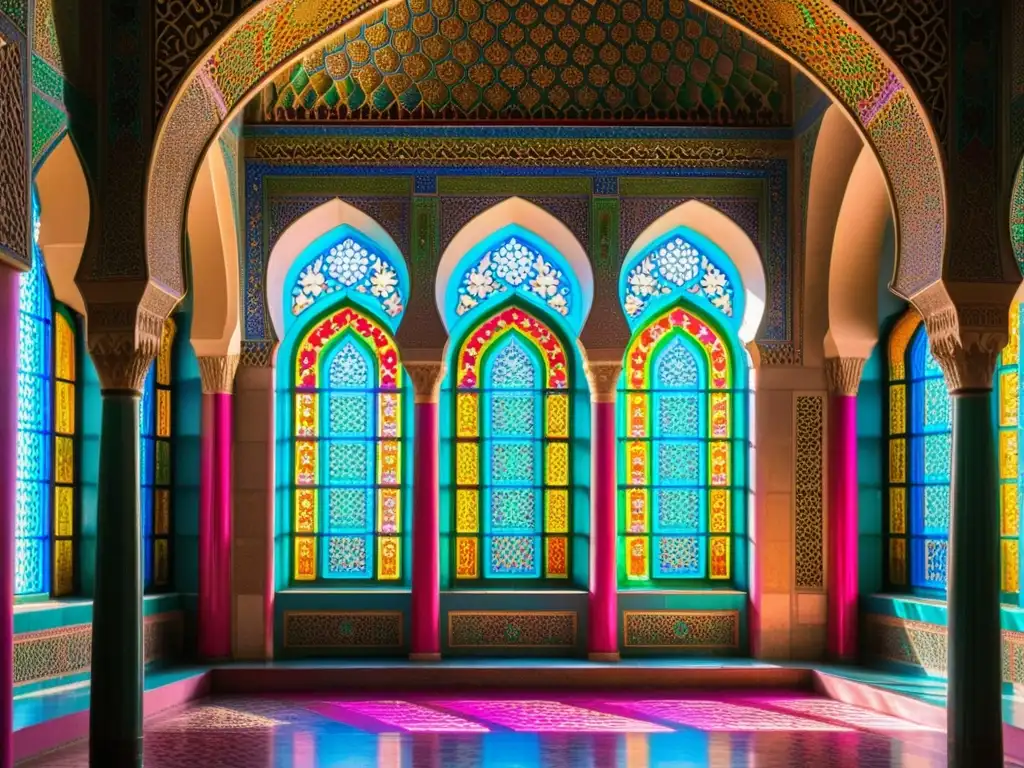 Vista interior de la mezquita Nasir alMulk con hermosos patrones y colores, reflejando el legado de Genghis Khan en el Islam