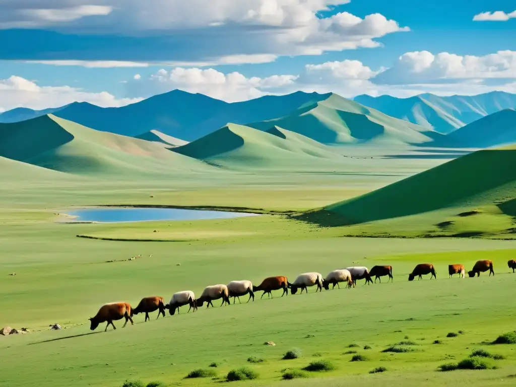 Vista majestuosa de Mongolia: colinas verdes, yurtas nómadas, pastoreo de ganado y locales en trajes tradicionales