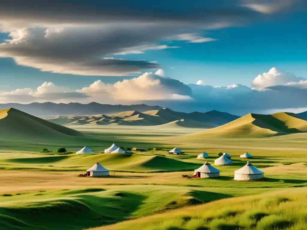 Vista majestuosa del declive del Imperio Mongol en la estepa mongola, con yurtas dispersas y un cielo lleno de nubes