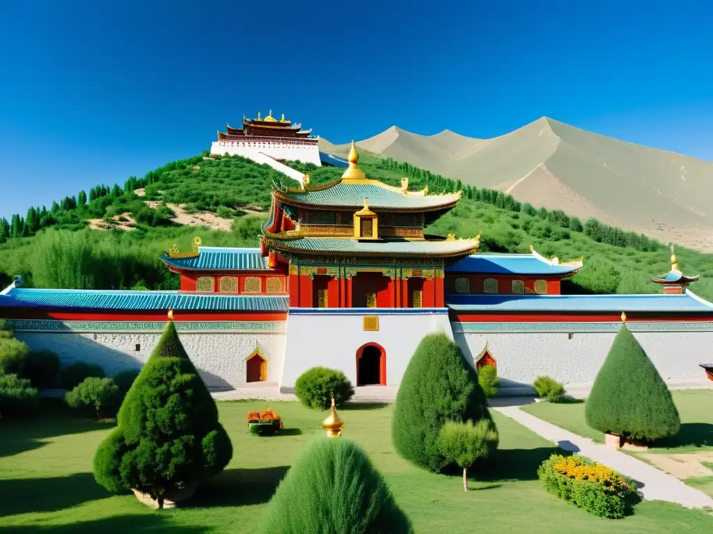 Vista majestuosa de la ornamentada Arquitectura en el Imperio Mongol en el Monasterio de Erdene Zuu, rodeado de exuberante naturaleza y cielo azul claro