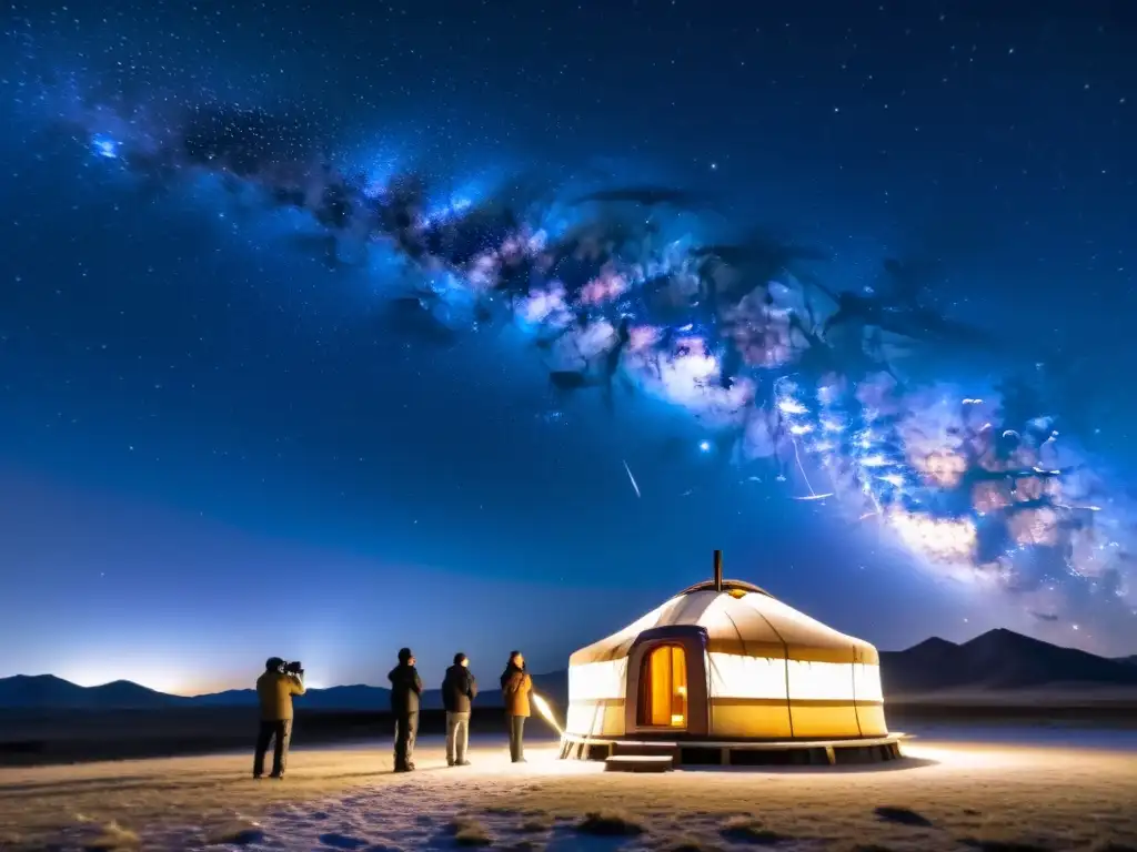Vista nocturna de la Vía Láctea sobre una yurta mongola, con astrónomos y telescopios, capturando el legado astronómico mongol era espacial