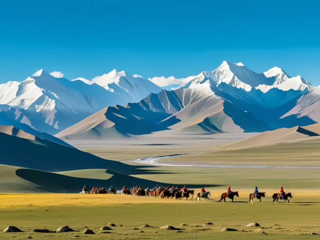 Vista panorámica del Tíbet: encuentro entre mundos Vista panorámica del altiplano tibetano con guerreros mongoles a caballo
