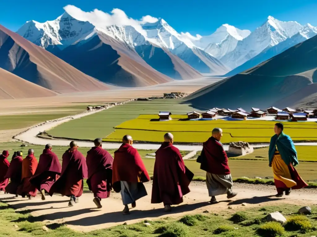 Vista panorámica del altiplano tibetano con montañas nevadas y aldeas tradicionales, donde la influencia mongola en la legislación tibetana perdura