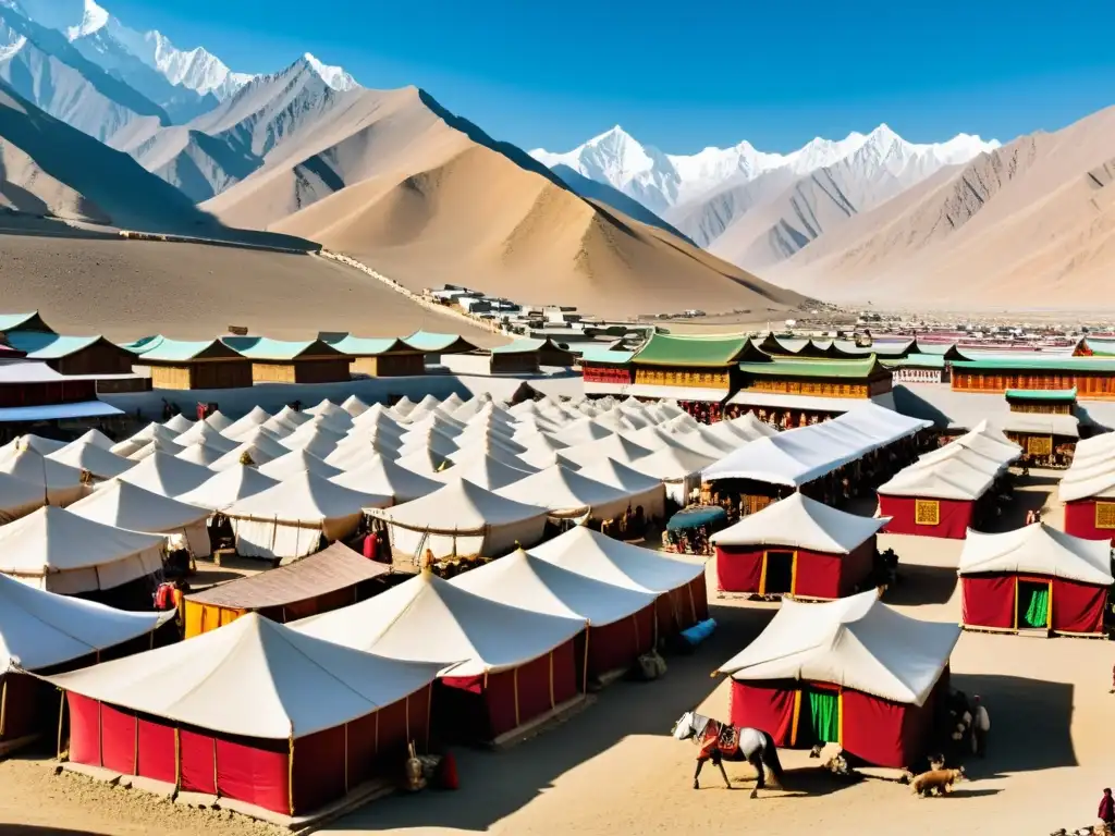 Vista panorámica de Karakorum, la antigua capital del Imperio Mongol, con sus calles anchas y rectas, yurtas tradicionales y actividad comercial