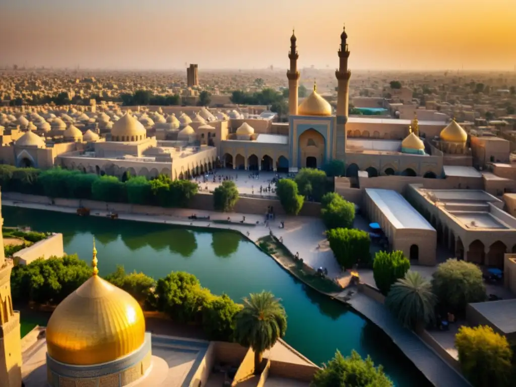 Vista panorámica de la antigua ciudad de Bagdad, con el río Tigris y la vibrante vida urbana bajo la cálida luz dorada del atardecer