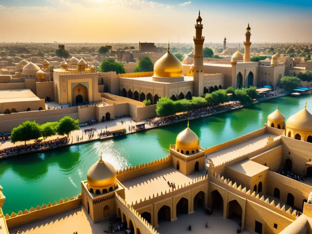 Vista panorámica de la antigua ciudad de Bagdad con el río Tigris, el bullicioso mercado y las doradas cúpulas de las mezquitas