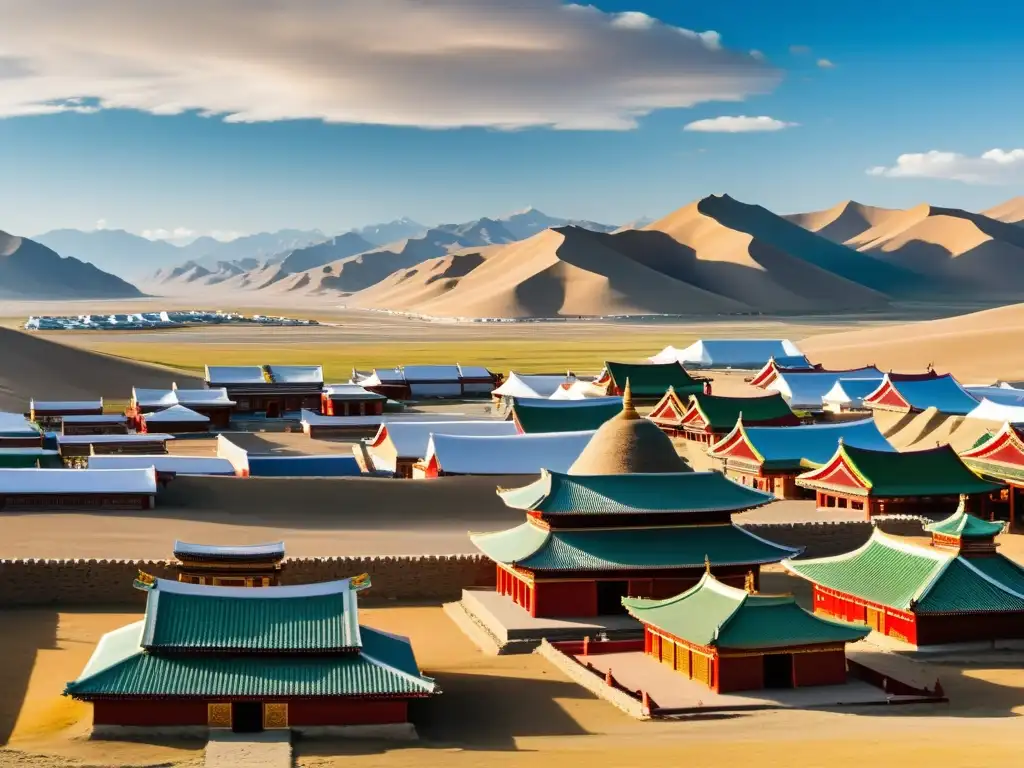 Vista panorámica de la antigua ciudad mongola de Karakorum, con su arquitectura tradicional y el río Orkhon serpenteando