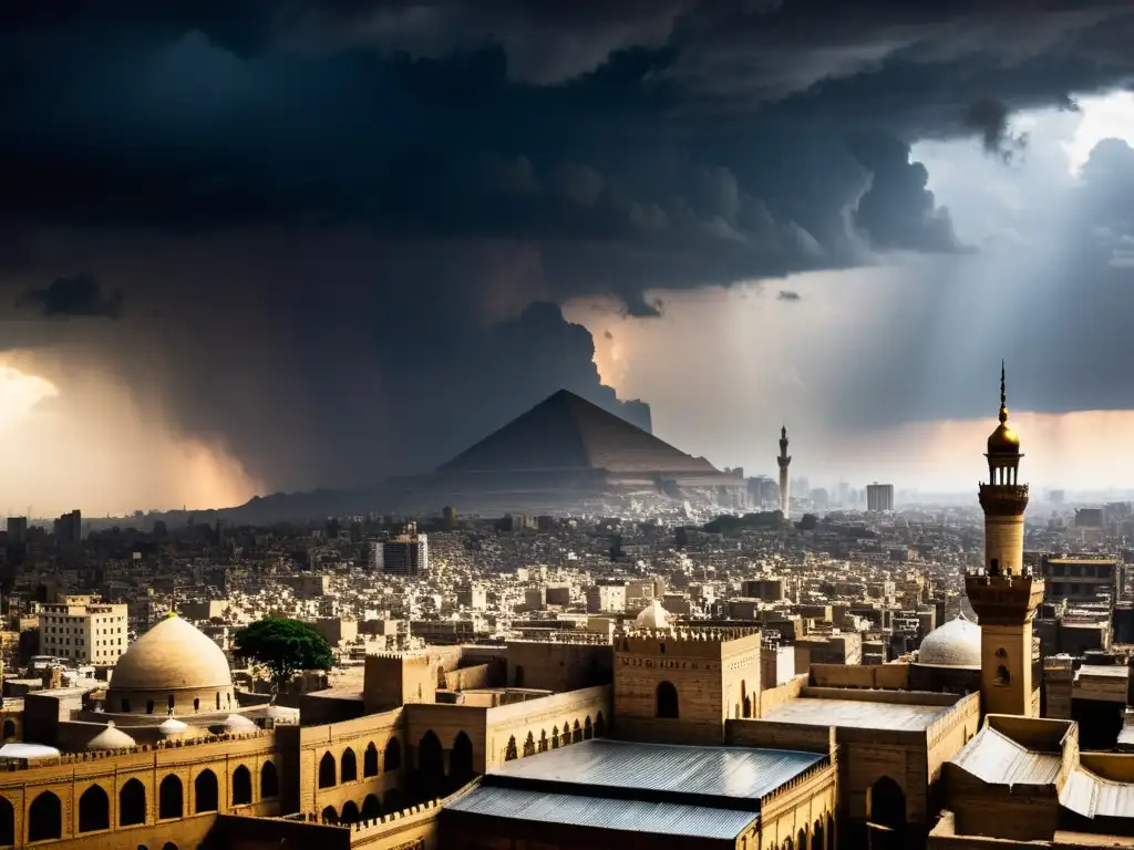 Vista panorámica de la antigua ciudad de El Cairo, con sus altos minaretes y bulliciosos mercados, contrastando con un cielo oscuro y amenazador