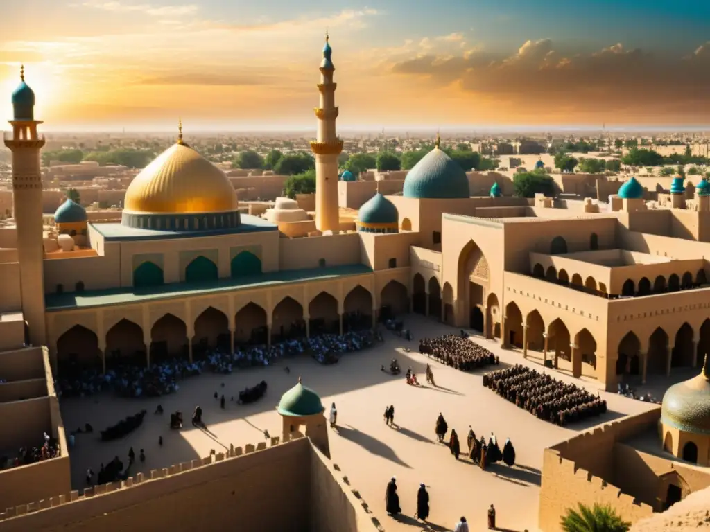 Vista panorámica de la antigua ciudad de Bagdad con sus murallas, mercados bulliciosos y preparativos para la incursión mongol en el mundo islámico