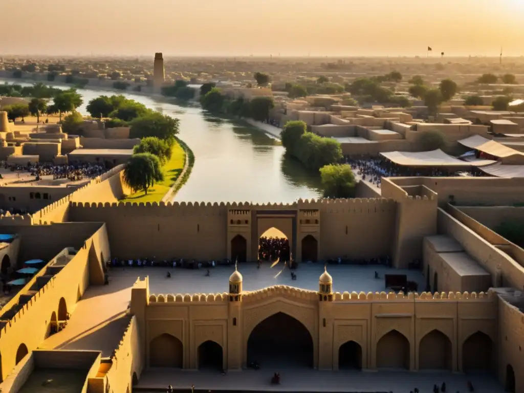 Vista panorámica de la antigua ciudad de Bagdad con el río Tigris al fondo, resaltando la arquitectura y mercados