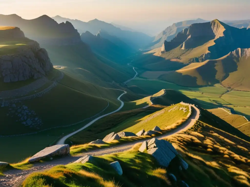 Vista panorámica de una antigua ruta comercial del Imperio Mongol, revelando su aislamiento e importancia histórica bajo la suave luz del atardecer