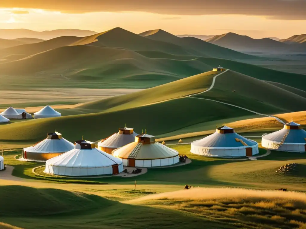 Vista panorámica del antiguo Imperio Mongol, con yurtas sostenibles integradas en el paisaje