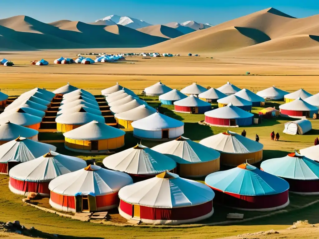 Vista panorámica de la arquitectura nómada del Imperio Mongol, yurtas en la estepa con familias disfrutando de su estilo de vida sostenible