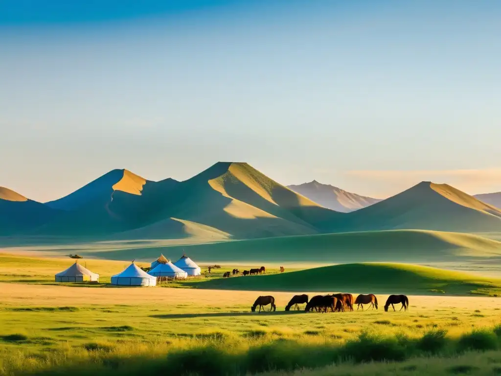 Vista panorámica de la estepa mongola al atardecer, con yurtas y caballos