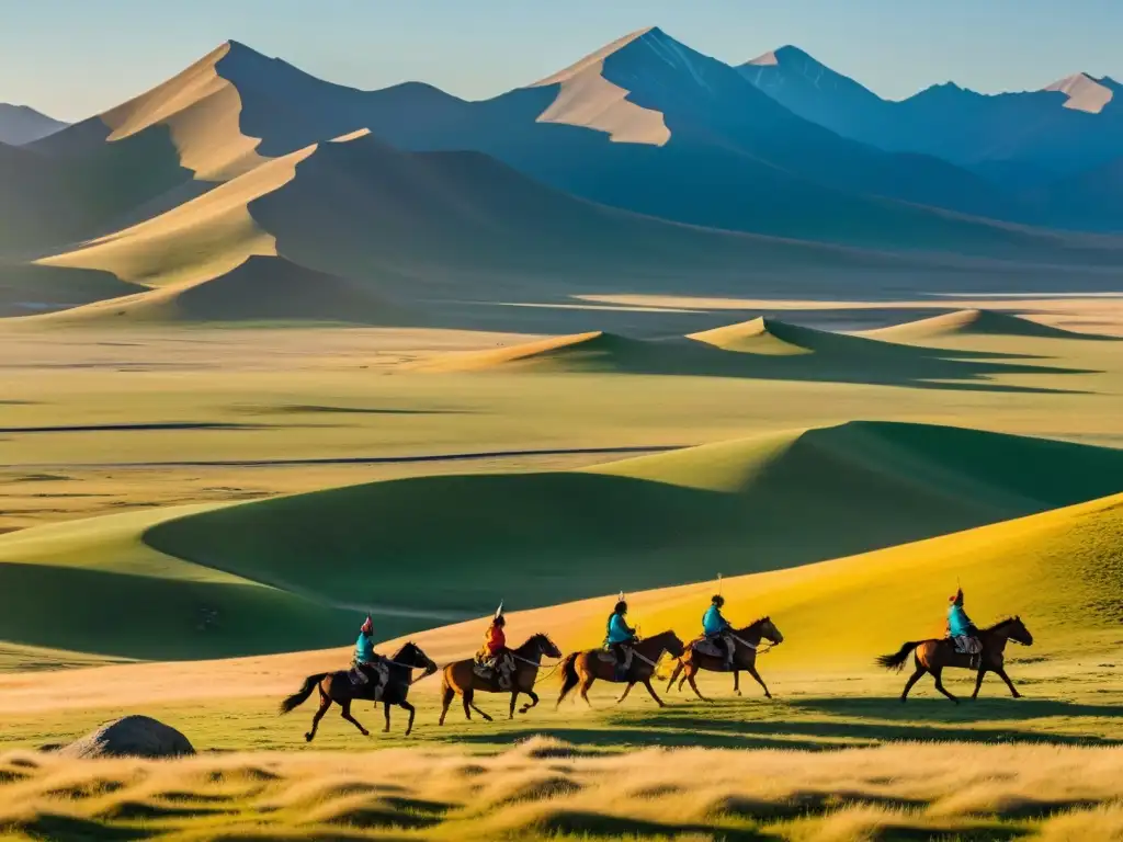 Vista panorámica de la estepa mongola al atardecer, con guerreros en caballo y banderas