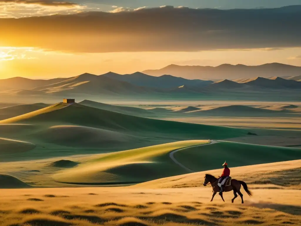 Vista panorámica de la estepa de Mongolia al atardecer, con jinete solitario