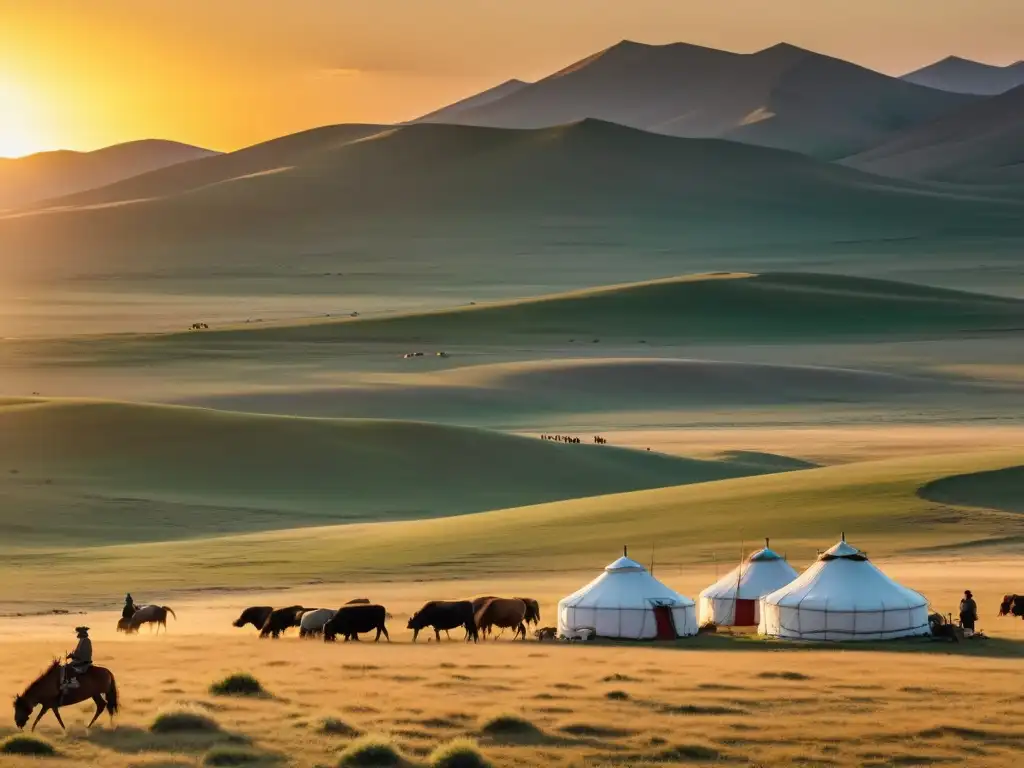 Vista panorámica de la estepa mongol al atardecer, con pastores nómadas y yurtas