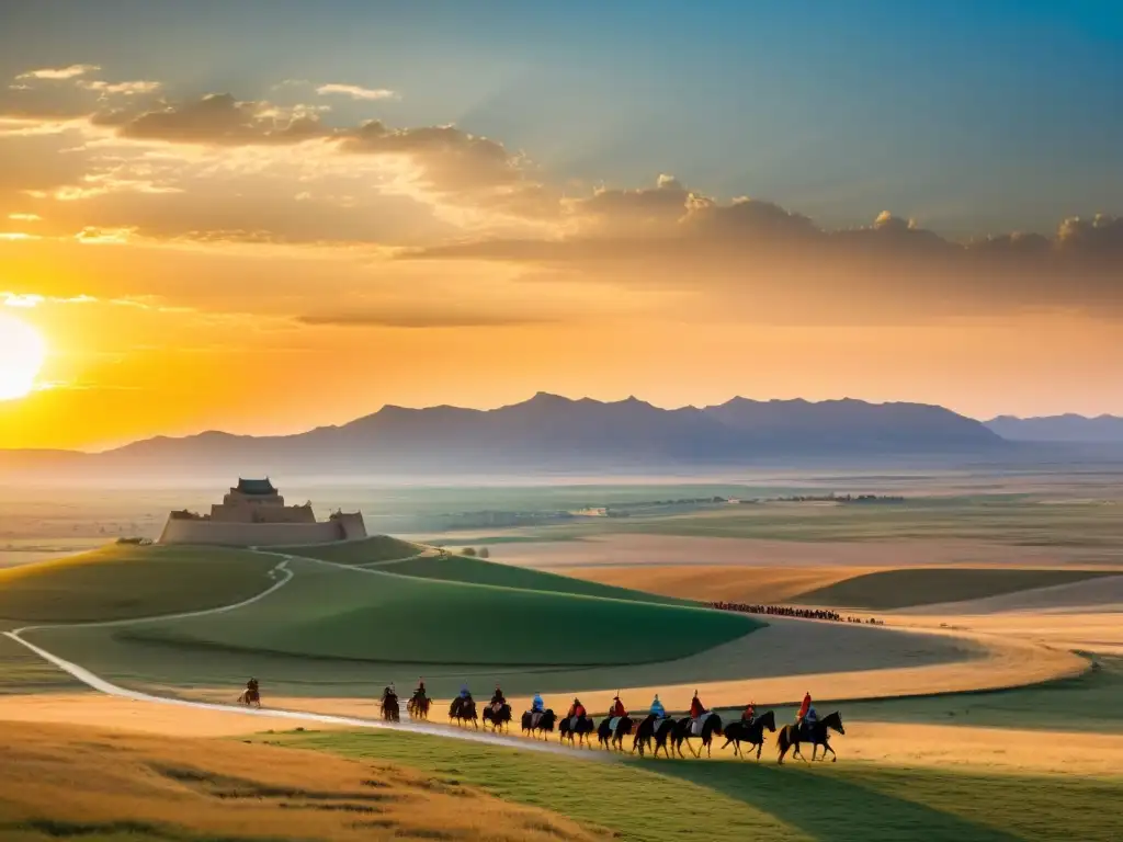 Vista panorámica de la Batalla de Mohi, con restos de la fortaleza medieval y guerreros mongoles en la distancia