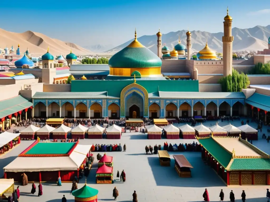 Mercado vibrante bajo la influencia mongol e islámica Vista panorámica de una bulliciosa plaza de mercado junto a una imponente mezquita, reflejando la rica adaptación del Islam bajo dominio mongol