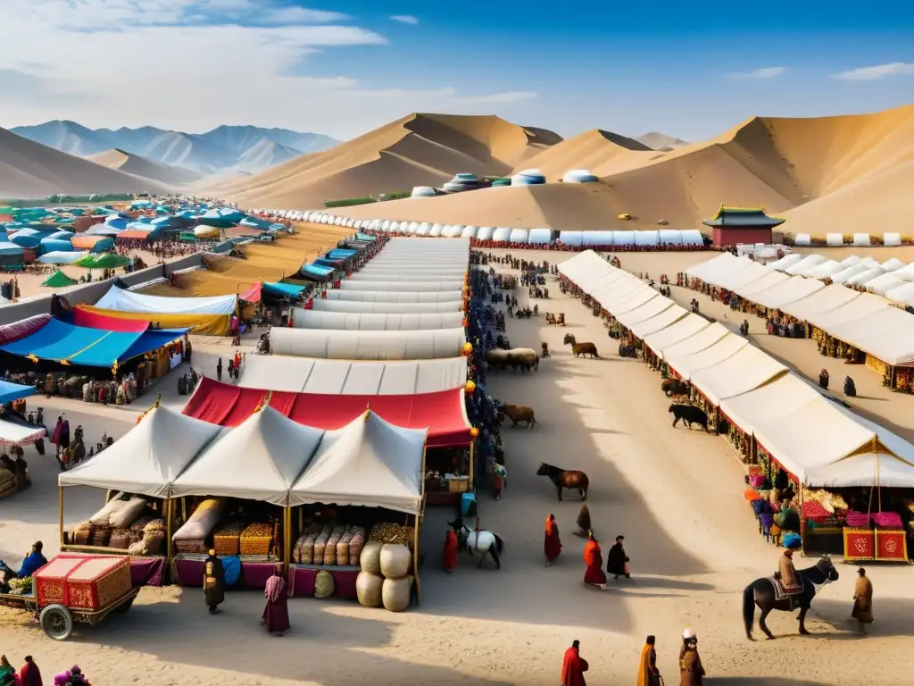 Vista panorámica de la bulliciosa Ruta de la Seda en el Imperio Mongol, con caravanas de diversos orígenes convergiendo en un animado mercado