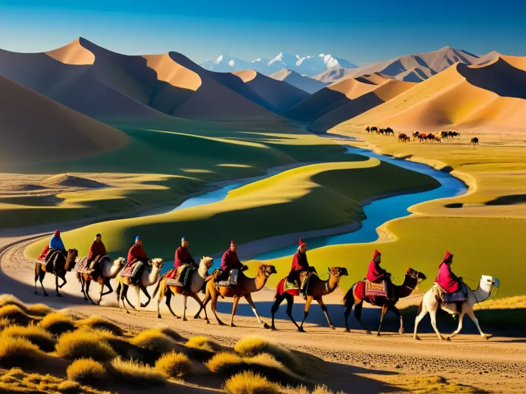 Vista panorámica de bulliciosa ruta comercial del Imperio Mongol con caravanas de camellos y caballos