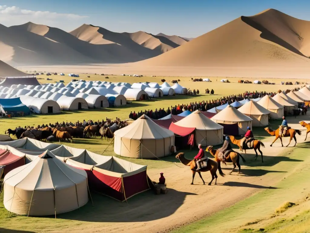 Vista panorámica de un bullicioso campamento mongol, con tiendas y yurtas meticulosamente organizadas