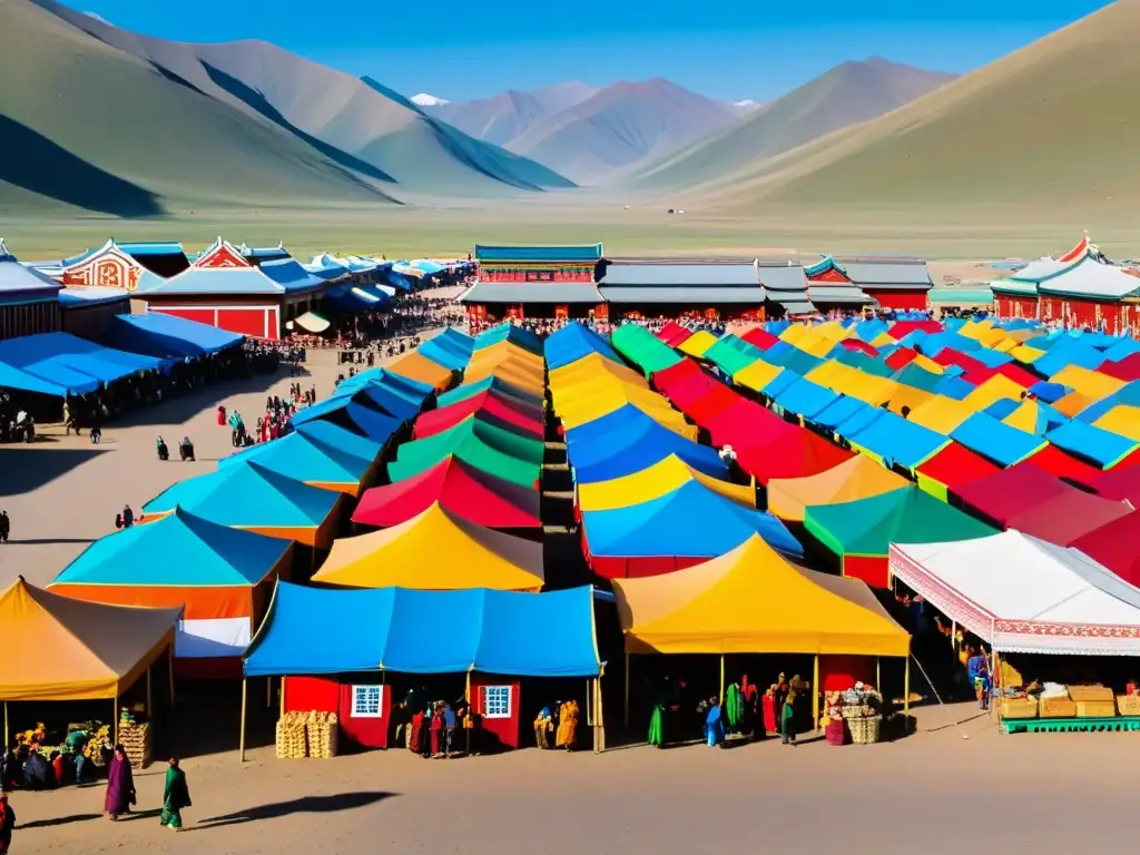 Vista panorámica de un bullicioso mercado en Mongolia, con coloridas tiendas y puestos que ofrecen tesoros de las rutas comerciales menores mongolas