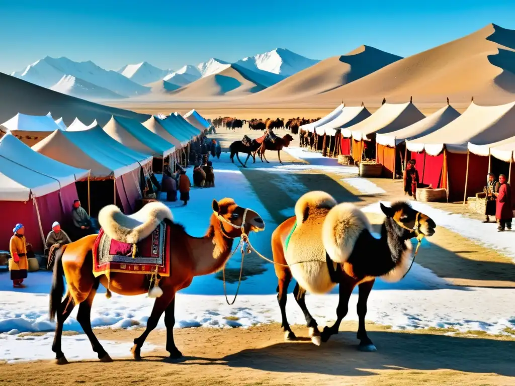 Vista panorámica de un bullicioso mercado de la antigua Mongolia, con comercio en pleno auge y coloridas prendas tradicionales