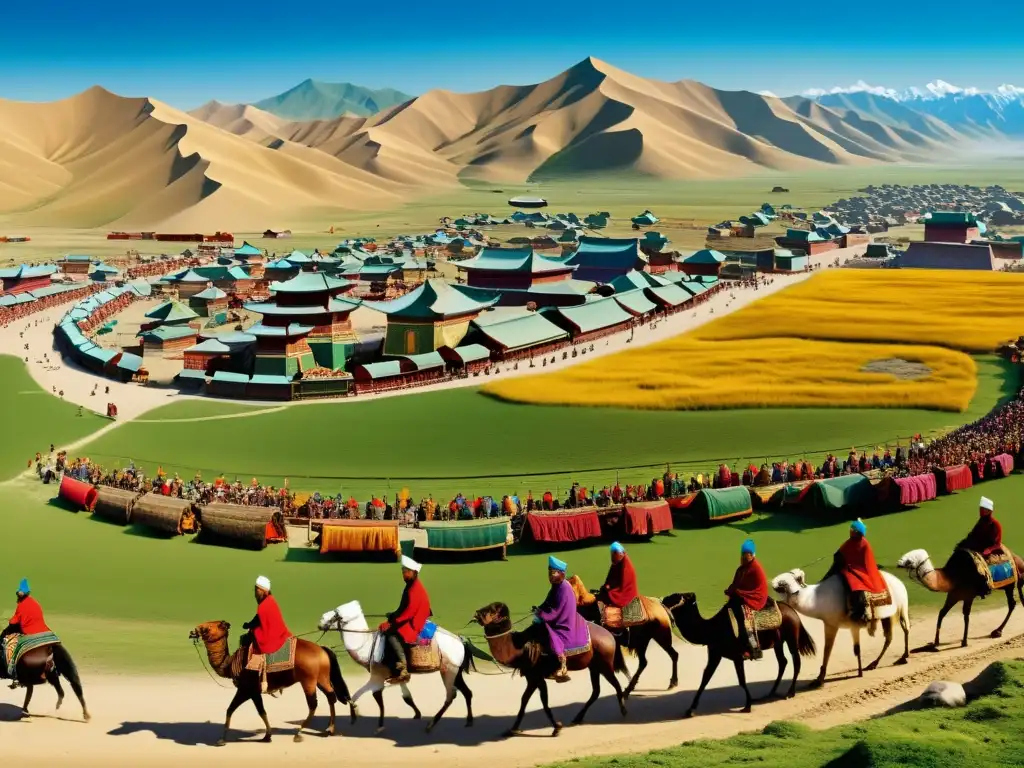 Vista panorámica del bullicioso mercado y las rutas comerciales del Imperio Mongol, destacando la gestión de tesoros y riquezas